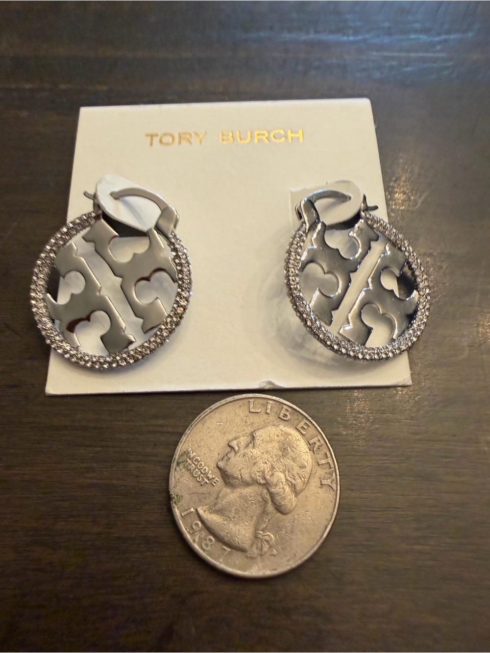 Tory Burch Silver Logo Crystal Circle Drop Earrings